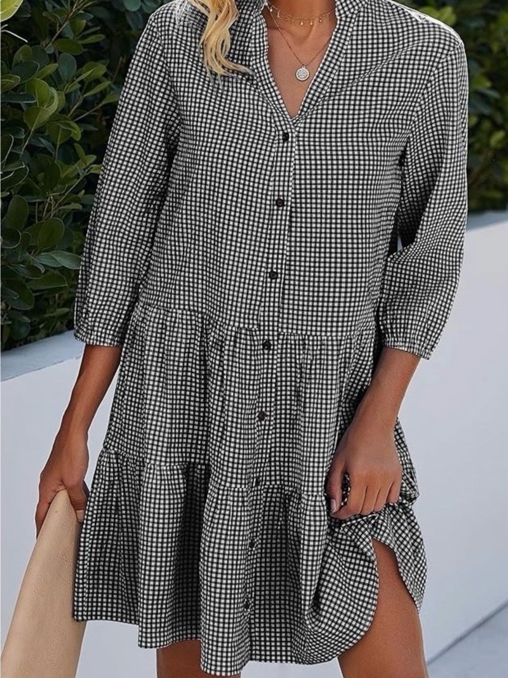 Blue & White Gingham Button-Front Tiered Dress Size Large